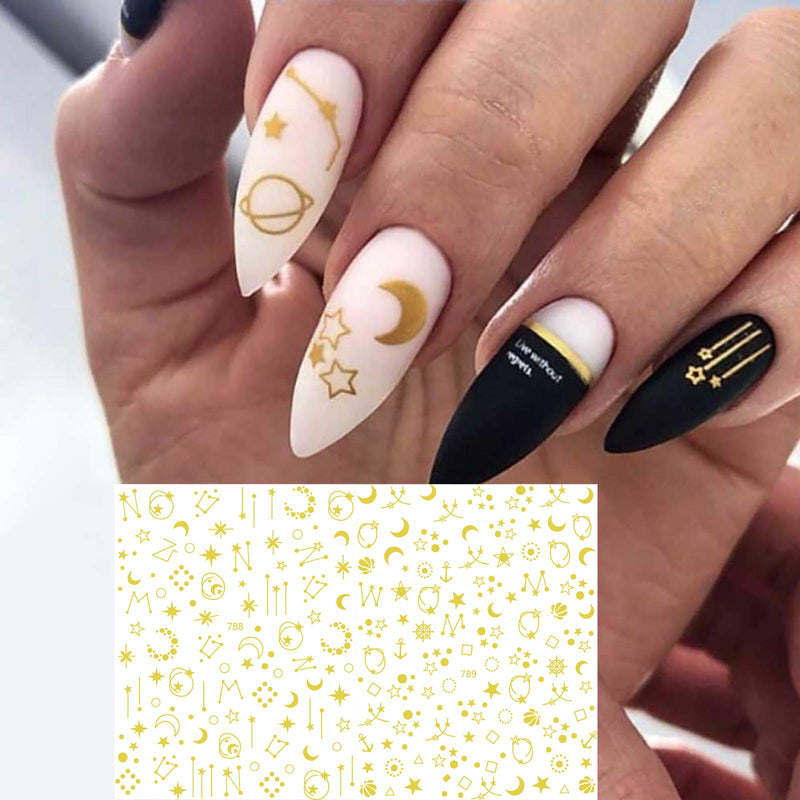 8 Sheets Stars Moon Nail Art Stickers 3D Metallic Self-Adhesive Gold Silver Geometry Star Moon Planet Nail Decals For Acrylic Nail Supplies DIY Manicure Nail Decoration Accessories - BeesActive Australia