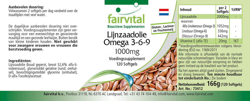 Fairvital | Flax Oil Linseed Omega 3-6-9 - Cold-Pressed - 120 softgels - Rich in Alpha-linolenic Acid - BeesActive Australia