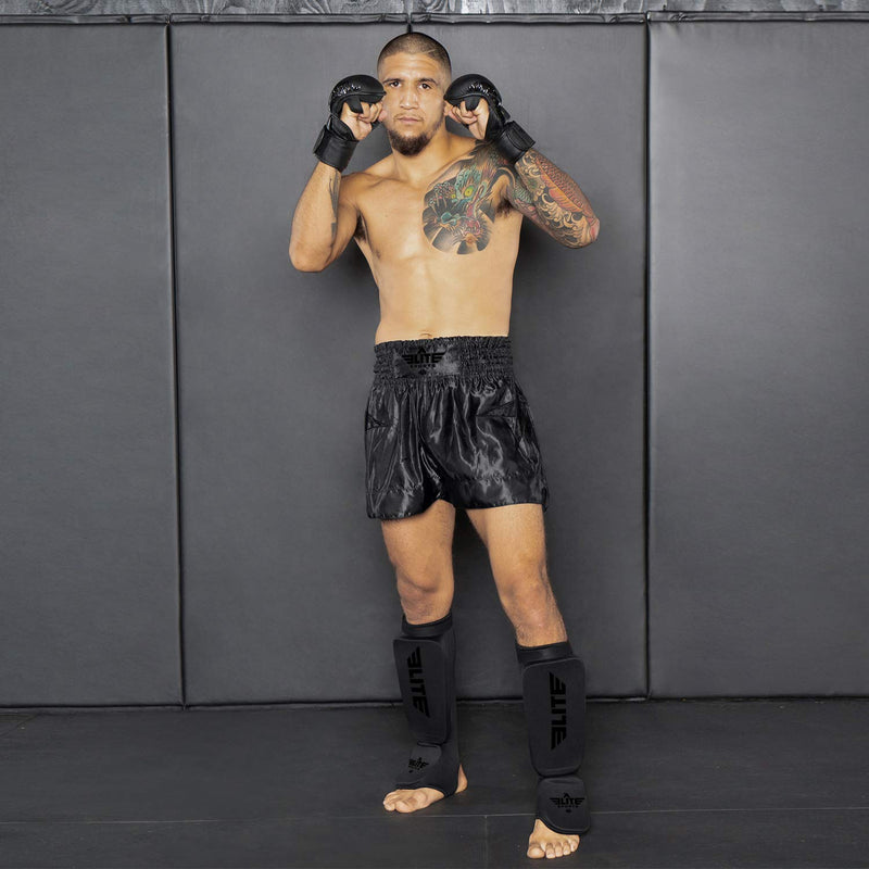 [AUSTRALIA] - Elite Sports Muay Thai MMA Kickboxing shin Guards, Instep Guard Sparring Protective Leg shin Kick Pads for Kids and Adults L-XL All Black 