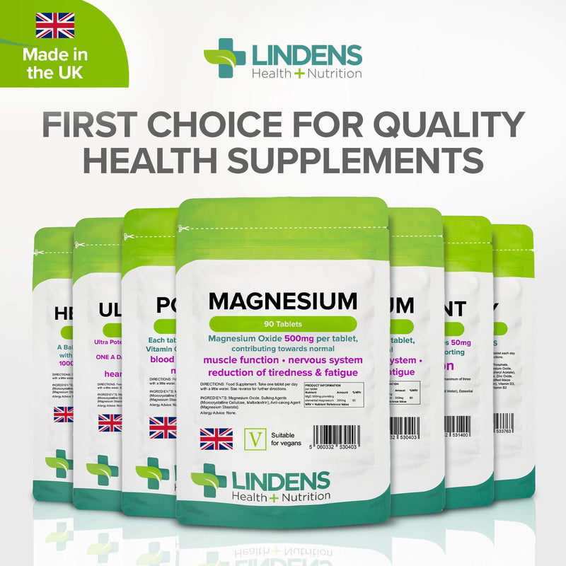 Lindens 500mg Magnesium Tablets | 90s 1-a-Day | Made in The UK | Tiredness, Muscle Function, Energy, Bones, Teeth, Nervous System | Letterbox Friendly | Vegan Unflavoured 90 Count (Pack of 1) - BeesActive Australia