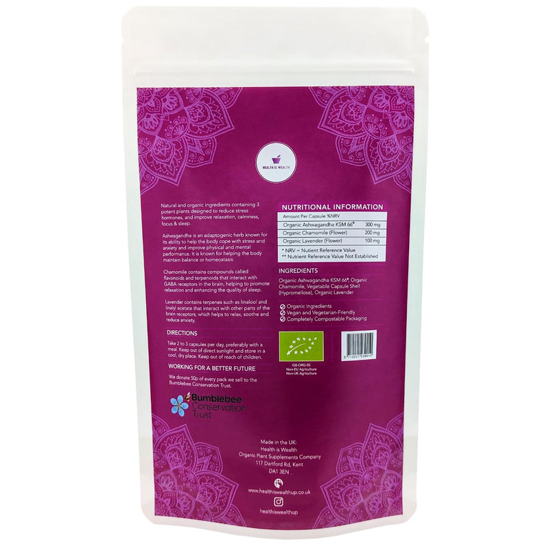 Organic KSM 66 Ashwagandha, Chamomile and Lavender - 90 Natural Capsules - Feel Calm, Lower Stress, Anxiety & Better Sleep - BeesActive Australia