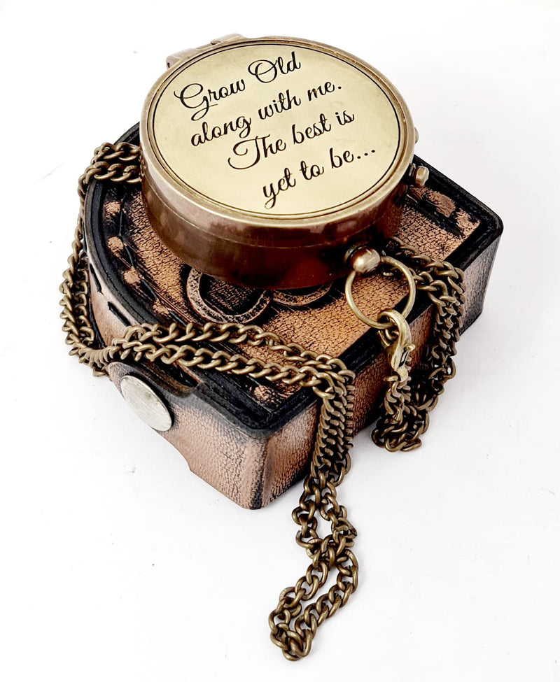 Brass Nautical - Engraved Compass with a Romantic Emotional Message, Gift for Husband, Anniversary, Wedding Gift for Him, Long Distance Gift, I Miss You, Valentine Grow Old Along With Me, With Sunset Painting - BeesActive Australia