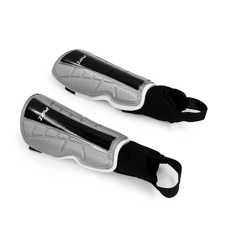 Luwint Kids Soccer Shin Guards with Ankle Protection, Comfortable Child Calf Pads Protective Gear Soccer Equipment for 13-18 Yrs Silver+Black Medium - BeesActive Australia