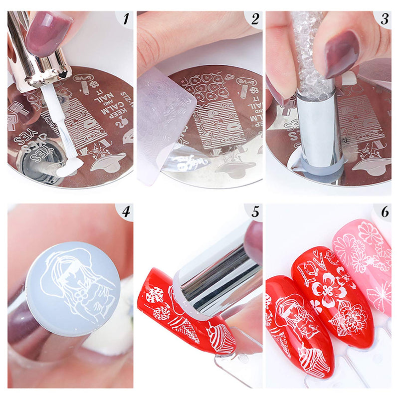 Nail Stamp Plates Set, 5 Pcs Nail Stamping Plates + 1 Stamper + 2 Scraper Flower, Lovers, Love, Unicorn, etc Nail Plate Template Image Plate DIY Stainless Steel Nail Image Polish Template Kit - BeesActive Australia