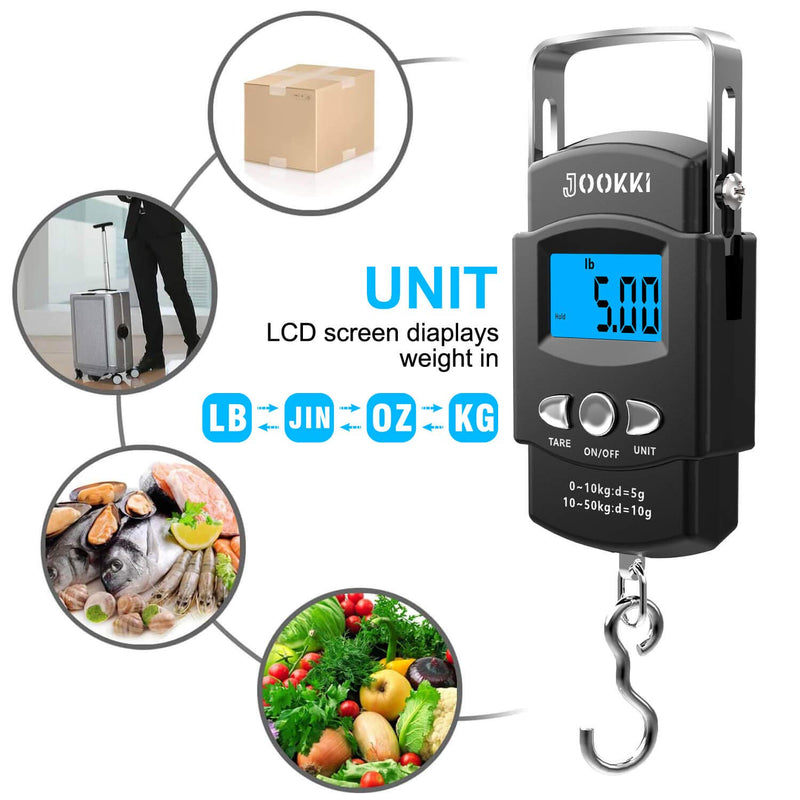 [AUSTRALIA] - Fish Scale,JOOKKI Hanging Scale Portable Dial Scale LCD Digital Weight Electronic Scale 110lb/50kg with a Tape Measure for Tackle Bag,Luggage,Baggage,(Black) 