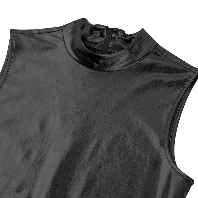 [AUSTRALIA] - dPois Women Wet Look Leather Sleeveless Lyrical One Piece Leotard Skirt Clubwear Catsuit Black Large 