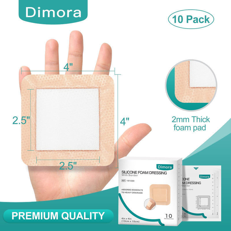 Dimora Silicone Foam Dressing with Border Adhesive 4"x4" Waterproof Wound Dressing Bandage for Wound Care 10 Pack… 4 x 4inch(10PCS) - BeesActive Australia