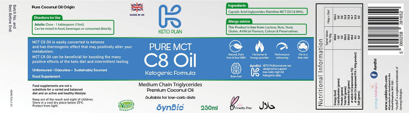 SynBio Keto Plan - Pure MCT C8 Oil [Palm Oil Free] | 99% Pure C8 | Vegan | Halal | Gluten Free | Supports Keto Nutrition & Fasting | Sustainably Sourced Coconut (250ml) 250 ml (Pack of 1) - BeesActive Australia