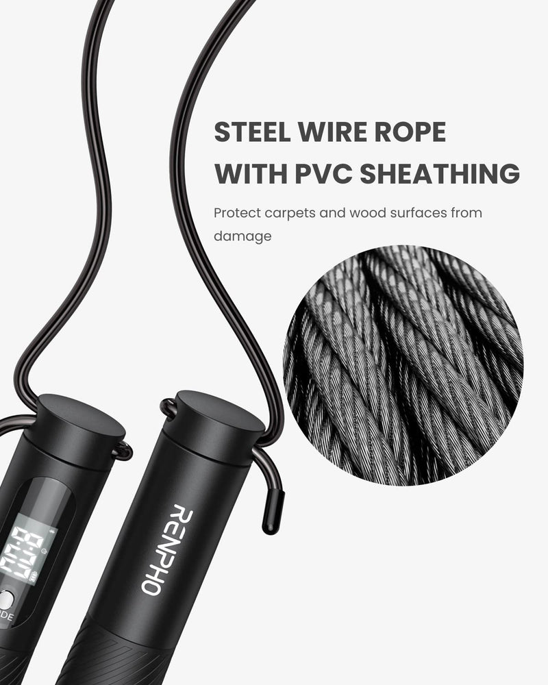 RENPHO Smart Skipping Rope with Counter, Adjustable Jump Ropes with Cordless Ball, Jump Ropes for Fitness, Crossfit, Gym, Burn Calorie, APP Data Analysis, at-Home-Workout for Women, Men, Adult, Kids 01-Black - BeesActive Australia
