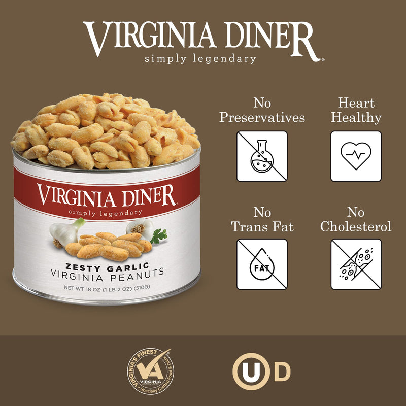 Virginia Diner - Zesty Garlic Seasoned Extra Large Virgnia Peanuts 18oz in Resealable Can for Snacking or Gifting 18 - BeesActive Australia