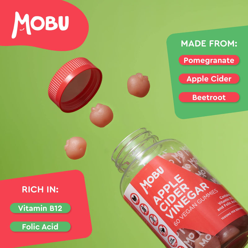 Apple Cider Vinegar Gummies 1000mg | Enriched with Vitamin B12 & Folic Acid | 60 ACV Gummies | Apple Cider Vinegar Capsules with Pomegranate & Beetroot Powder | Vegan, Halal & Gluten Free | MOBU UK - BeesActive Australia