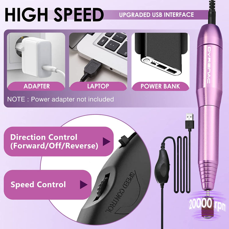 Portable Electric Nail Drill, Professional USB Nail Drill Machine for Acrylic, Gel Nails, Manicure Pedicure Polishing Shape Tools with Nail Drill Bits and Sand Bands, Efile Nail Drill Kit (Purple) - BeesActive Australia