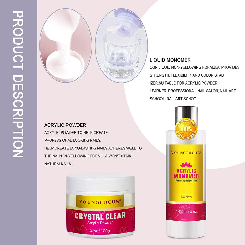 Youngfocus Professional Polymer Kit Acrylic Powder Crystal Clear 4 oz & Liquid monomer Acrylic Liquid Monomer 5 oz for Doing Acrylic Nails, MMA free, Ultra Shine and Strong Nails Acrylic Nail Kit - BeesActive Australia