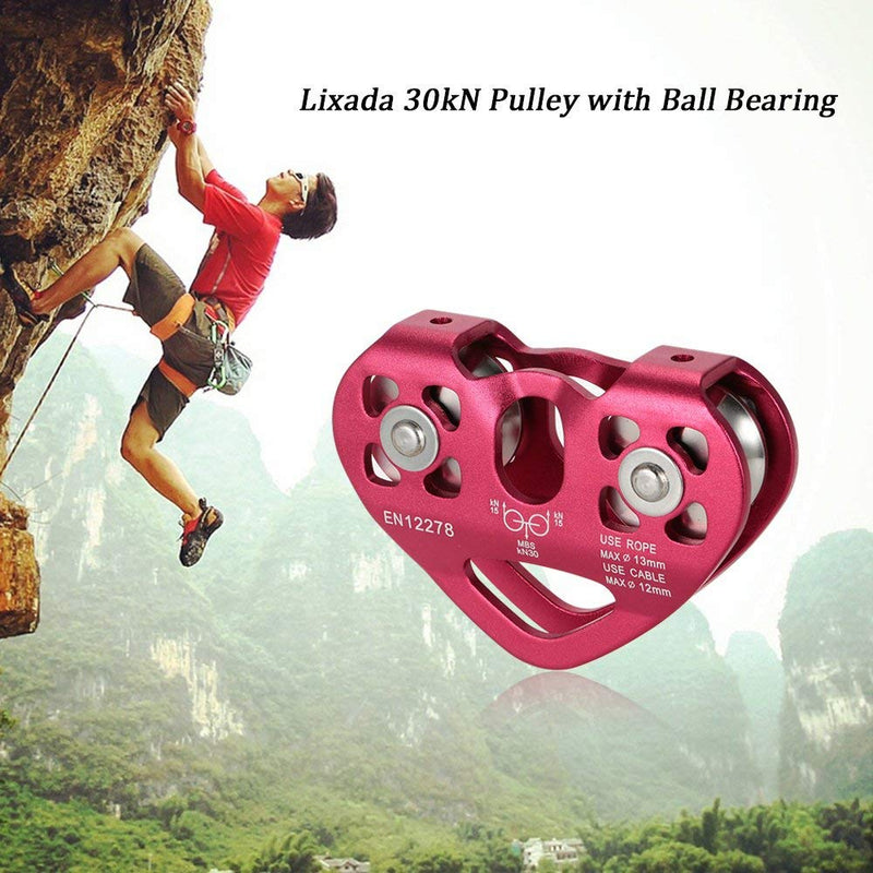 Lixada Climbing Pulley Zip Line Pulley 20kN Bearing Mobile Pulley with 25kN Screw Locking Carainber for Rigging Climbing Burgundy - BeesActive Australia