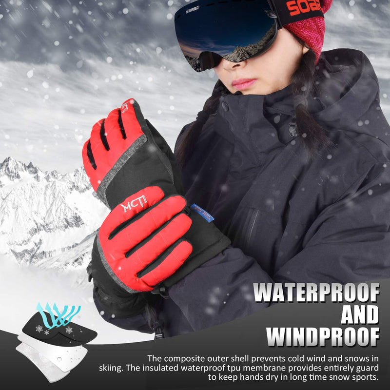 MCTi Ski Gloves,Winter Waterproof Snowboard Snow 3M Thinsulate Warm Touchscreen Cold Weather Women Gloves Wrist Leashes Red Medium - BeesActive Australia