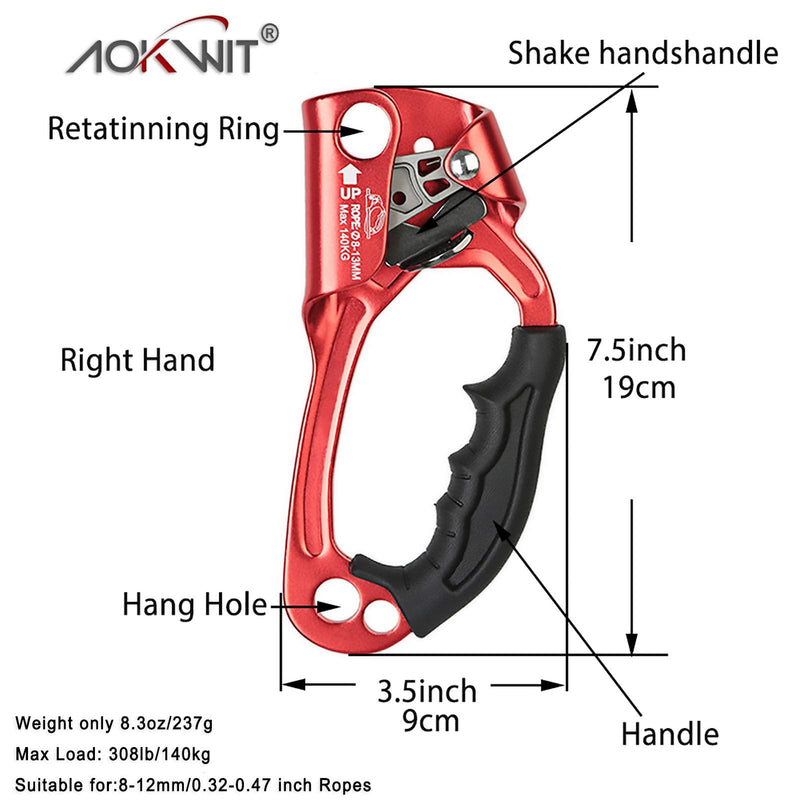 AOKWIT Climbing Ascender, Aviation Light Alloy Rappelling Belay Gear Rock Climbing Tree Arborist SRT Climbing Rope Ascender with Handle Clamp Right Hand Red - BeesActive Australia