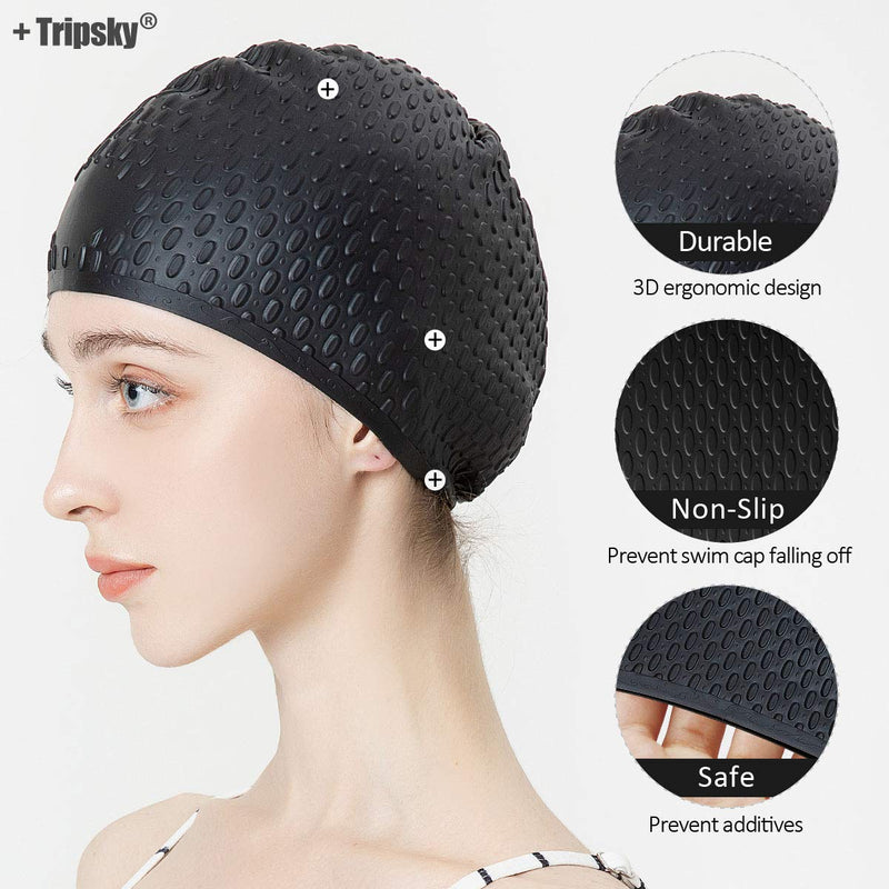 Tripsky Silicone Swim Cap,Comfortable Bathing Cap Ideal for Curly Short Medium Long Hair, Swimming Cap for Women and Men, Shower Caps Keep Hairstyle Unchanged black - BeesActive Australia