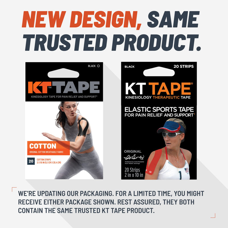 KT Tape, Original Cotton, Elastic Kinesiology Athletic Tape, 20 Count, 10” Precut Strips, Pink, 20 Precut Strips Black - Precut - BeesActive Australia