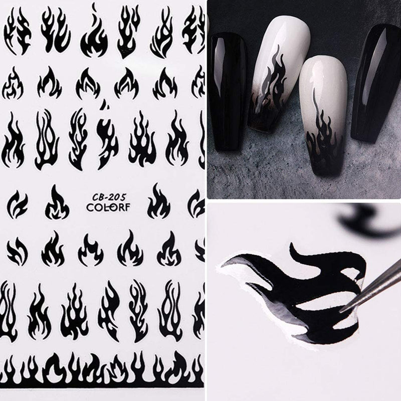 4 Sheets Flame Nail Art Stickers 3D Fire Flame Nail Decals Nail Art Supplies Adhesive Nail Foils White Black Silver Gold Flame Nail Sticker for Acrylic Nails Design Nail Vinyls Stencil Accessories - BeesActive Australia