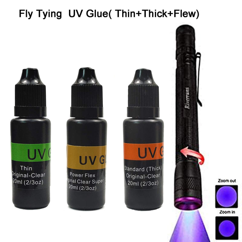 Riverruns UV Clear Glue Thick Thin Flew+UV Power 395nm Zoomable Pen Light for UV Glue Curing,Heads Bodies and Wings, Medical, Doctor Nurse Diagnostic, Small Mini Stylus, IPX5 Water-Resistant Combo A:UV glue combo - BeesActive Australia