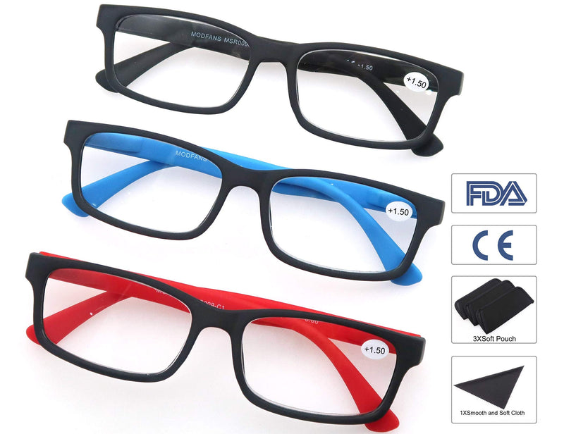 MODFANS Reading Glasses 1.25 Men Women 3 Pack,Rectangular Clear Lens Comfort Spring Hinge Eyeglasses,Stylish Lightweight Plastic Readers with Pouch Black-Blue-Red +1.25 Black-red-blue - BeesActive Australia