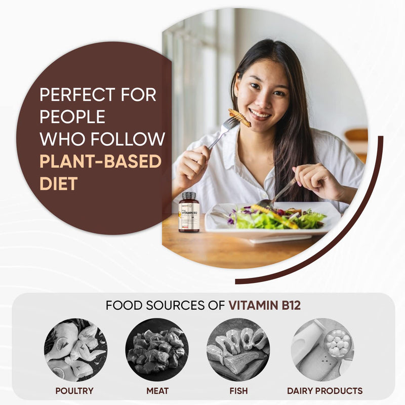 Vitamin B12 Tablets High Strength - 365 Vegan Energy Tablets (1 Year Supply) - Fatigue and Tiredness Supplements - Gluten-Free & Non-GMO Methylcobalamin B12 Supplement for Immunity - Made in The UK - BeesActive Australia