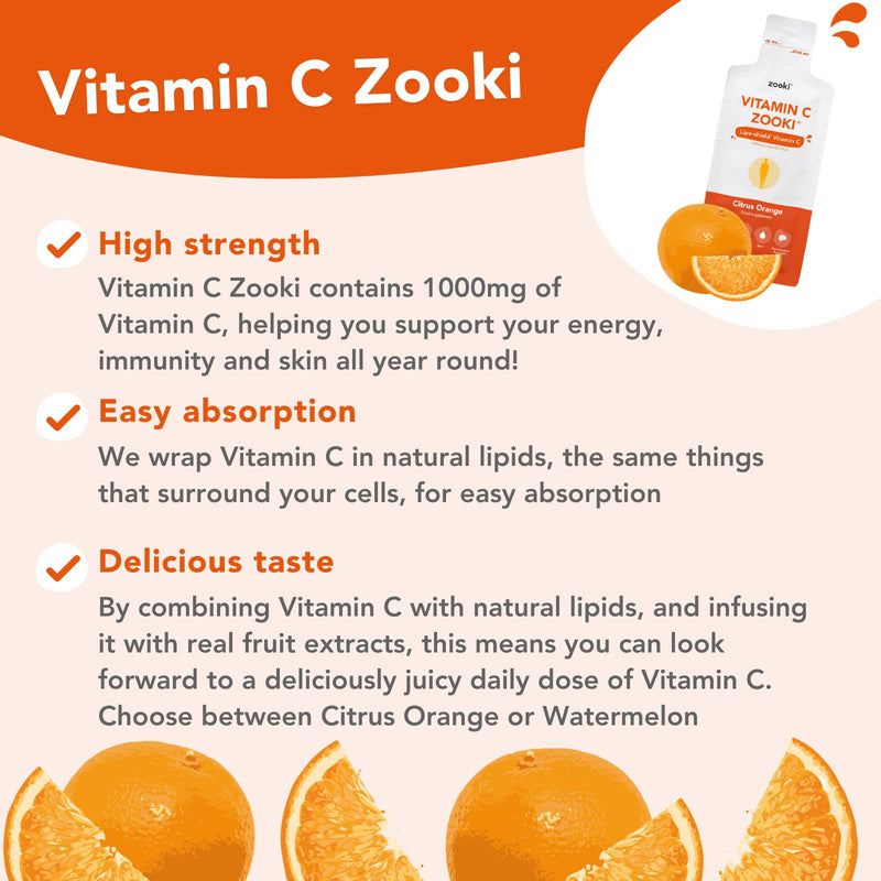 YourZooki - Vitamin C Zooki - Vitamin C 1000mg Liquid Sachets - Alchohol Free, Vegan, Soy Free, Natural Ingredients - Immune System, Skin & Energy Support (Citrus Orange, 30 Count (Pack of 1)) Citrus Orange 30 Servings (Pack of 1) - BeesActive Australia