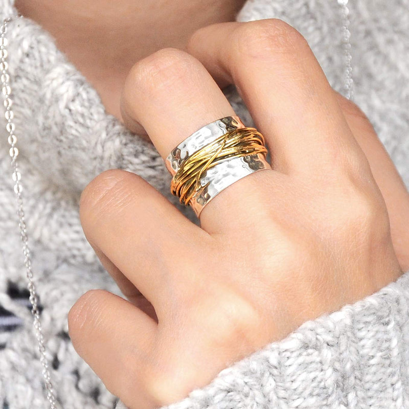 Boho-Magic 925 Sterling Silver Band Ring for Women with Brass Wrap Wide Statement Ring 11 - BeesActive Australia