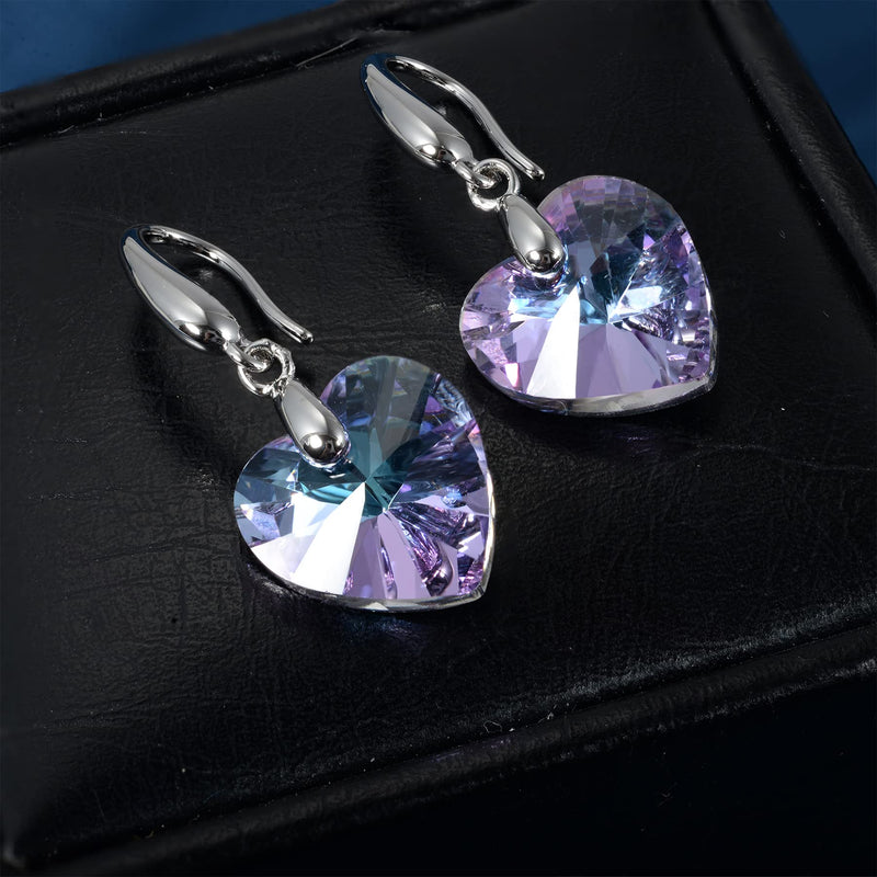 Love Heart Austrian Crystal Earring For Women,14K Gold Plated Hypoallergenic Drop Earrings For Sensitive Ears 1-Silver-Purple - BeesActive Australia