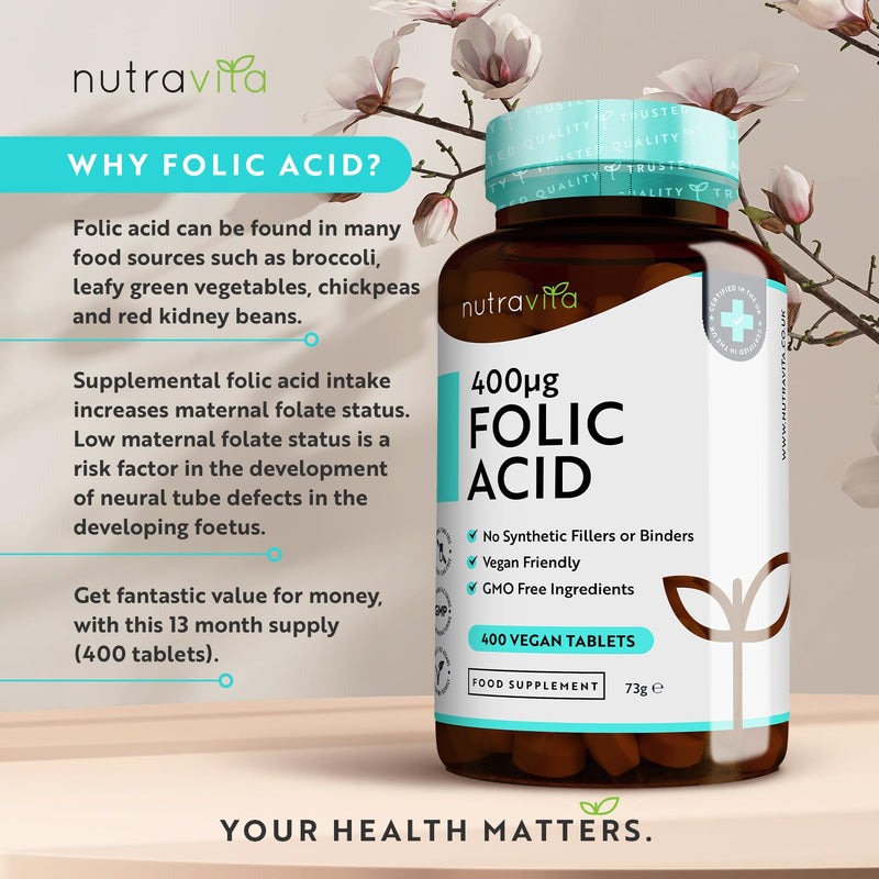 Folic Acid Tablets 400 mcg - 400 Vegan Vitamin B9 Tablets - 13 Month Supply - Pregnancy Care - Normal Function of Immune System & Maternal Tissue Growth During Pregnancy - Made in The UK by Nutravita - BeesActive Australia