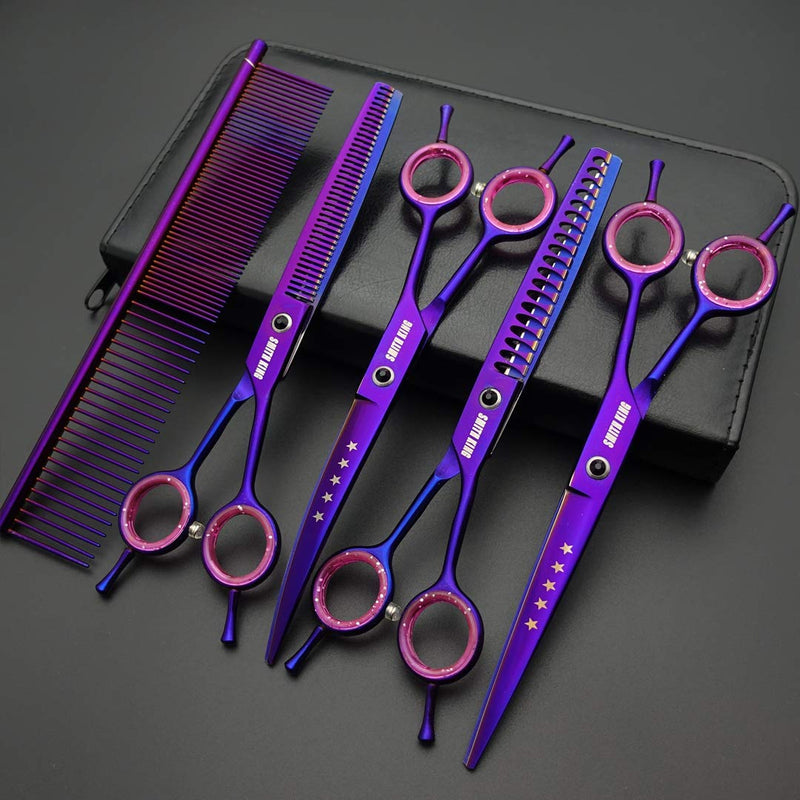 7.0 inches Professional Dog Grooming Scissors Set Straight & thinning & Curved & chunkers & comb 5pcs in 1 Set for left-handed & right handed Right-handed Purple - BeesActive Australia