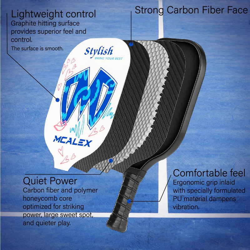MCALEX Pickleball Paddles, Graphite Pickleball Paddle, Graphite Carbon Fiber Surface with Cushion Comfort Grip Easy to Hold, 8.2 Ounces (Blue/White) - BeesActive Australia