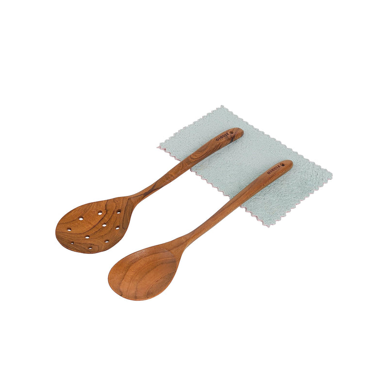 2 Pcs 13.5 Inch Teak Wooden Spoon - Mixing Slooted Spoon Heat Resistant Healthy Cooking Tools Handcrafted by Fiodio Home (Spoon & Round Slotted) Spoon & Round Slotted - BeesActive Australia