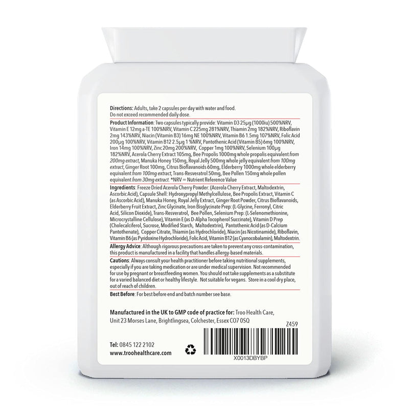 Tr-Immuno Immune Support Supplement - 60 Capsules Packed with Essential Vitamins Minerals & Botanicals - Vitamin C & D3 - Zinc - Manuka Honey - Bee Pollen - Royal Jelly - Elderberry - Daily Immunity - BeesActive Australia