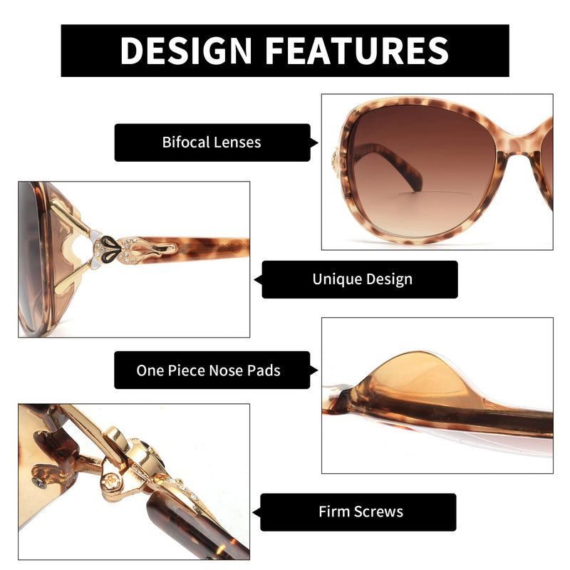 JM Classic Bifocal Reading Sunglasses Reader Glasses for Women UV Protection Outdoor Brown 2.25 x - BeesActive Australia