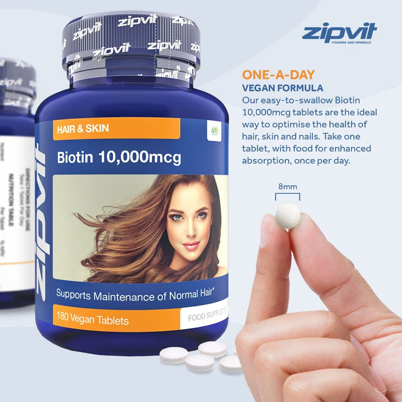 Biotin Hair Growth Supplement 10,000 mcg, 180 Vegan Tablets (6 Months Supply). Maintains Hair & Skin. Vegetarian Society Approved. UK Supplier - BeesActive Australia