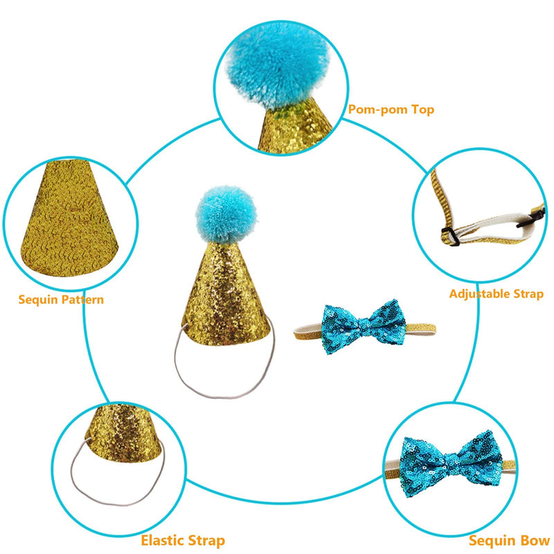 Christmas Pet Party Jazz Hat and Blingbling Bow Tie Breakaway Collar Set, Adjustable Headband for Kitten Puppy Small Dogs Cats 01 Light Blue - BeesActive Australia
