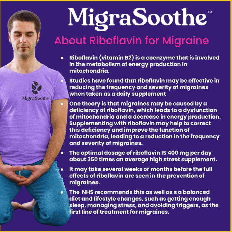 Premium Vitamin B2 Riboflavin 400mg per Capsule 120 Days Supply - Migrasoothe-B Pharma Manufacturing Standards UK Made Migraine Support, Stress, Tremors & Energy Vegan. Nice Recommended Vitamin B2 400 - BeesActive Australia