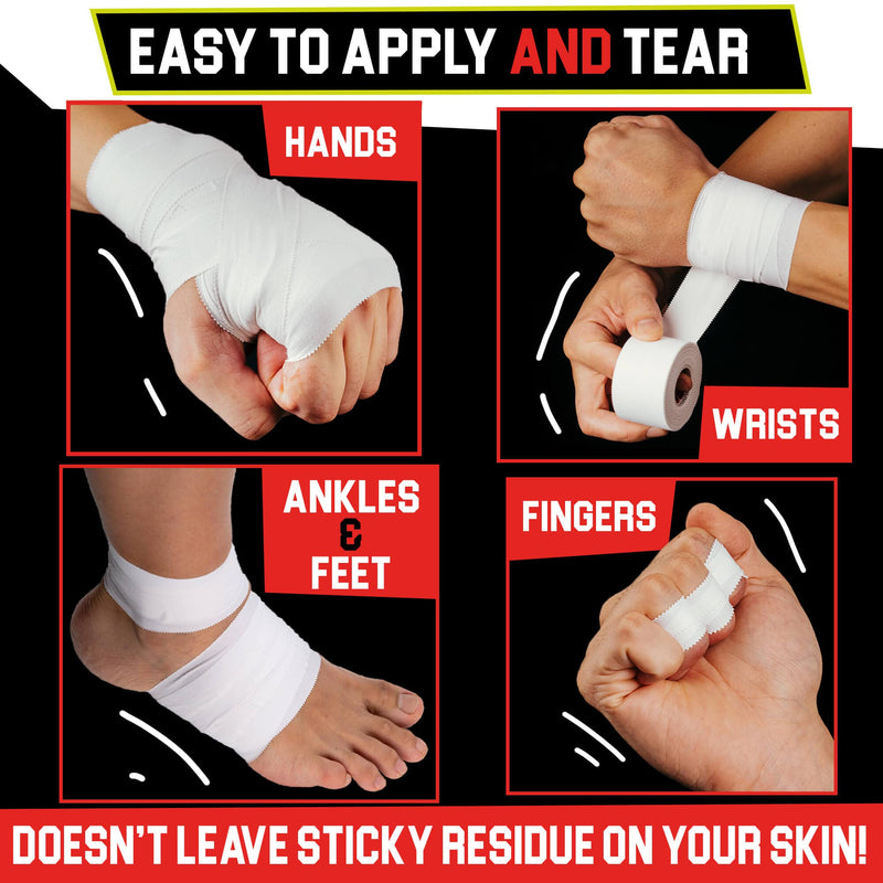 Summum Fit Athletic Tape Extremely Strong: 3 Rolls + 1 Finger Tape. Easy to Apply & No Sticky Residue. Sports Tape for Boxing, Football or Climbing. Enhance Wrist, Ankle & Hand Protection Now White - BeesActive Australia