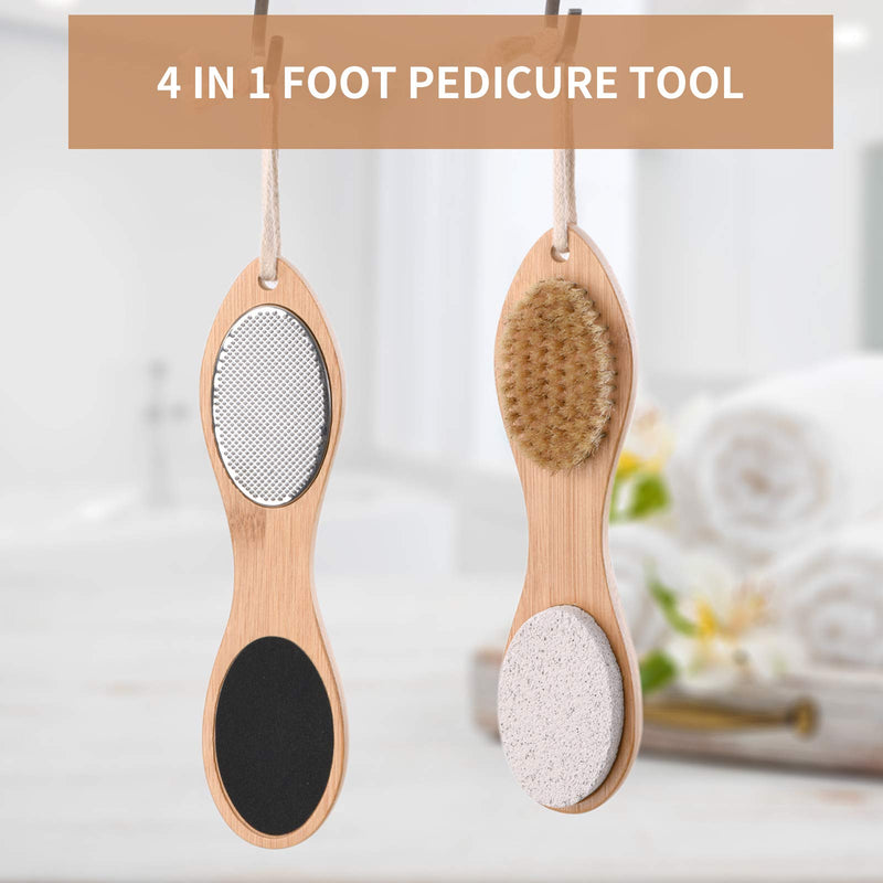 KALESUKI Foot File Callus Remover, Multi-purpose 4 in 1 Feet Pedicure Scrubber Exfoliator Tools with Foot Care Bristle Brush, Pumice Stone, Mental Foot Rasp, Sand Paper and Bamboo Handle - BeesActive Australia