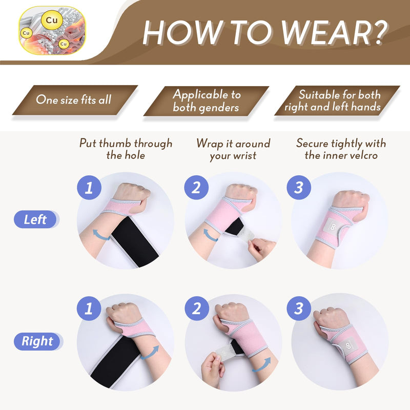 INDEEMAX Copper Carpal Tunnel Wrist Brace 2 Pack, Adjustable Wrist Support for Pain Relief, Arthritis, Tendonitis, Men and Women Compression Wraps Straps for Right and Left Hand Bands 3 Piece Set Pink - BeesActive Australia