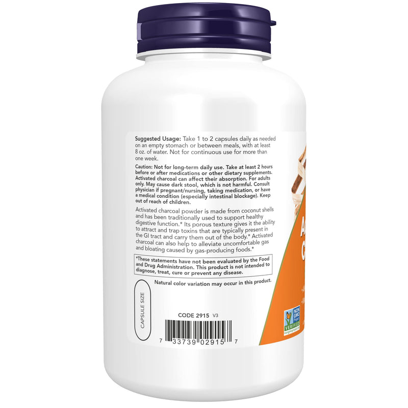 NOW Supplements, Activated Charcoal Made from Coconut Shells, Non-GMO Project Verified, Detox Support*, 200 Veg Capsules - BeesActive Australia