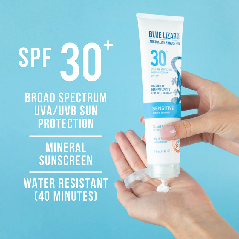 BLUE LIZARD Australian Sunscreen, Sensitive SPF 30+, 5-Ounce SPF 30 - 5 Fl Oz - Tube - BeesActive Australia