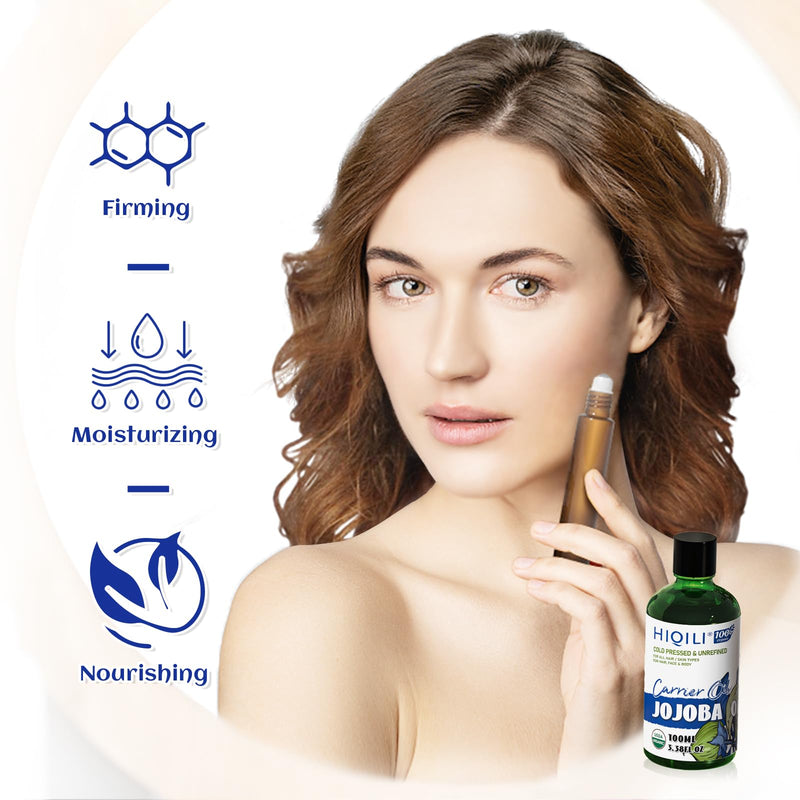 HIQILI Jojoba Oil Organic, Cold Pressed Unrefined Jojoba Carrier Oil Perfect for Skin, Hair Growth, Nails, Massage, Body Care -3.38 Fl Oz - BeesActive Australia