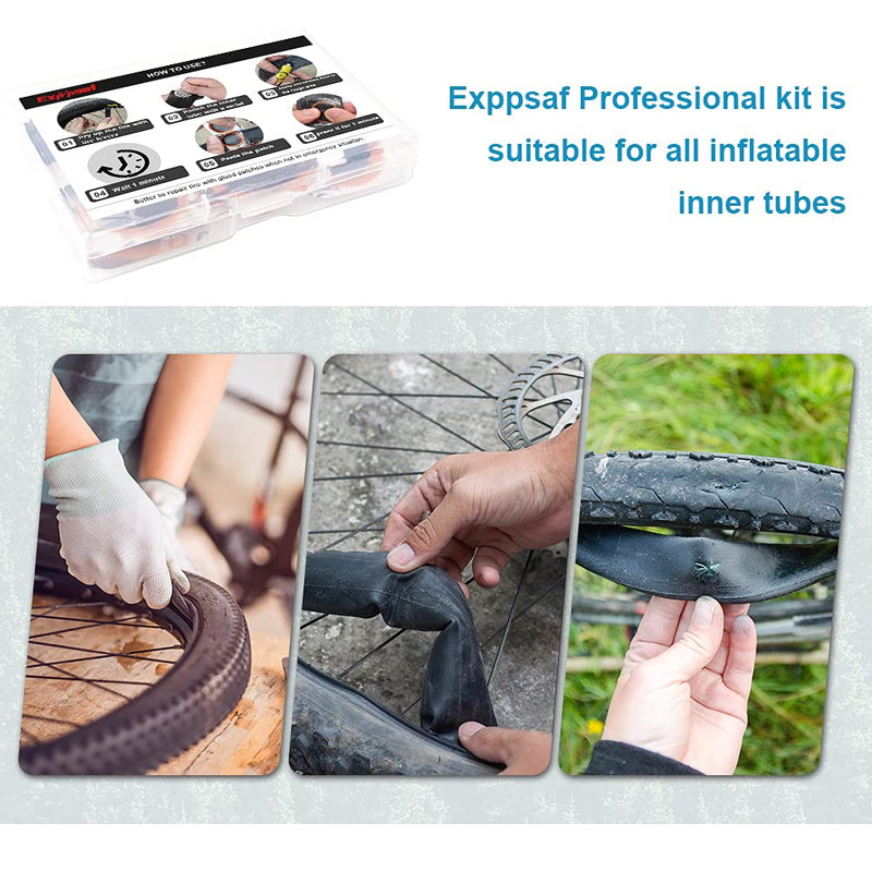 Exppsaf Bike Inner Tire Patch Repair Kit - with 14 PCS Vulcanizing Patches, 6 PCS Pre Glued Patchs, Portable Storage Box, Metal Rasp and Lever - Also for MTB BMX Road Mountain Bicycle Travel - BeesActive Australia