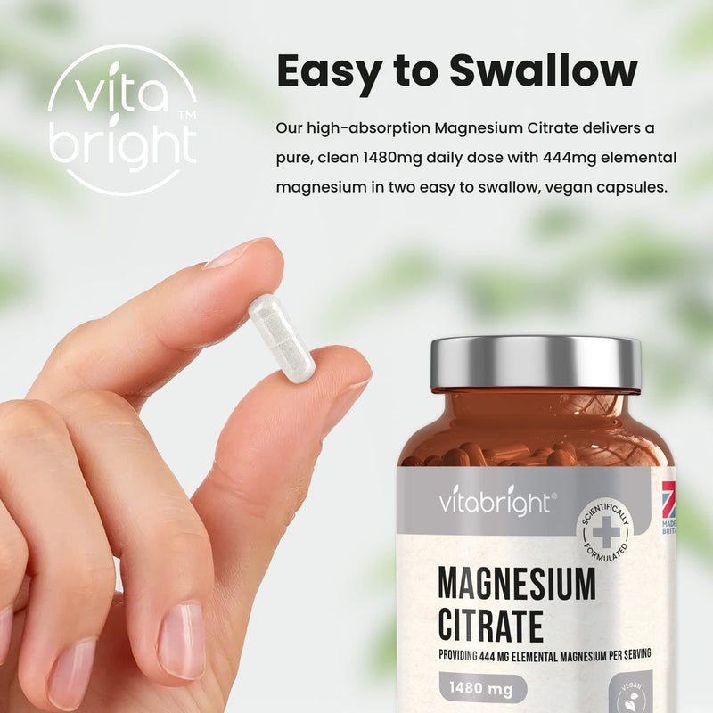 Magnesium Citrate - 1480mg High Strength - 240 Capsules (4 Month Supply) - Vegan Premium Magnesium Capsules - Providing 444mg Elemental Magnesium Supplement - Made in UK by VitaBright - BeesActive Australia