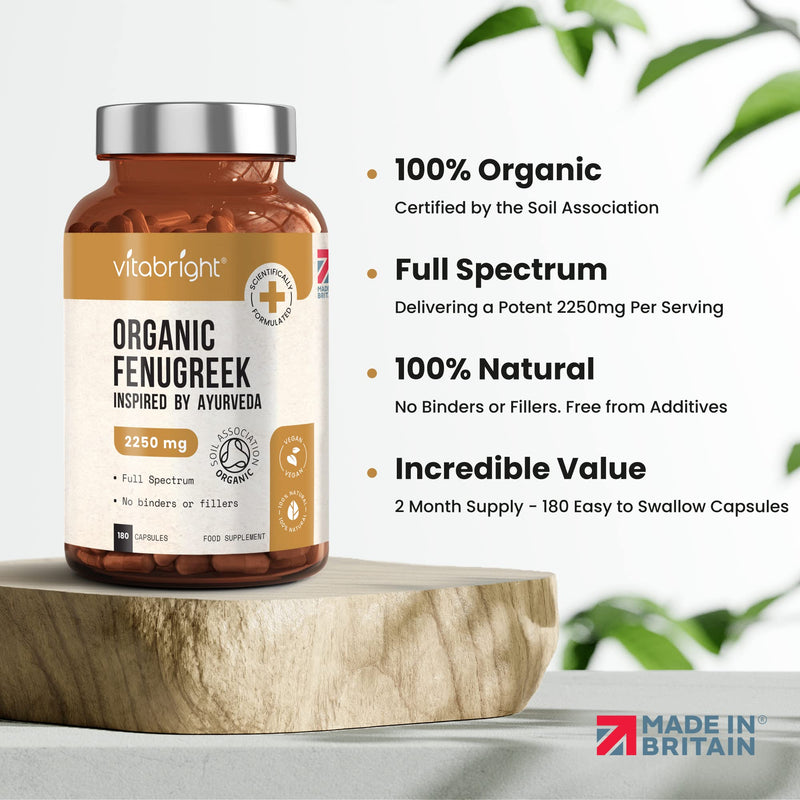 Organic Fenugreek Capsules - 2250mg High Strength - 180 Capsules (60 Day Supply) - Supports Healthy Blood Sugar Levels and Healthy Cholesterol Levels - Vegan - Made in The UK by VitaBright - BeesActive Australia