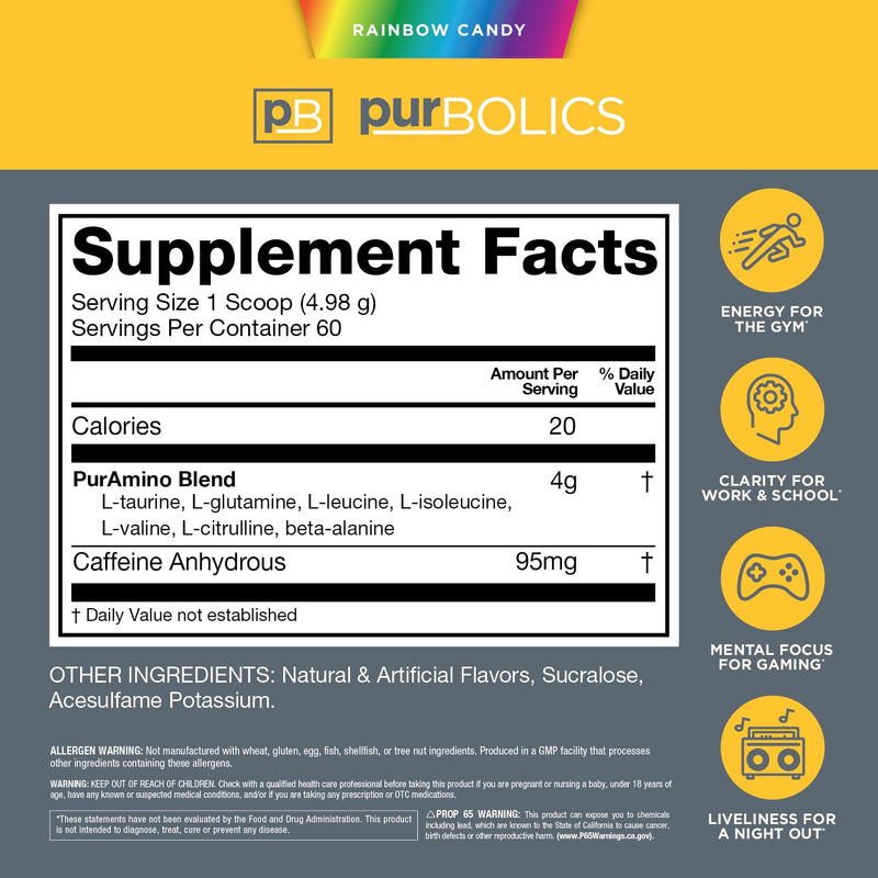 Purbolics Aminos + Energy | Supports Recovery, Energy & Focus | 95mg of Caffeine, 0 Calories & 60 Servings (Rainbow Candy) Rainbow Candy - BeesActive Australia