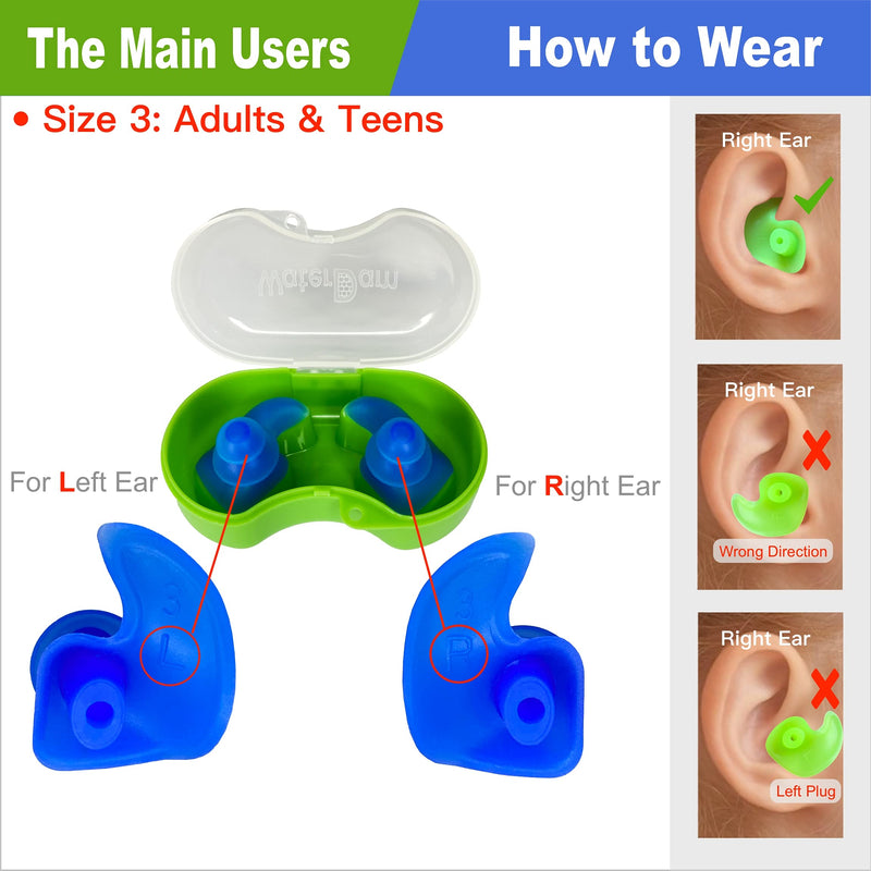WaterDam Swimming Ear Plugs Great Waterproof Ultra Comfy Earplugs Prevent Swimmer's Ear (Size 3: Adults & Teens 14+ (Blue Blue Blue)) Size 3: Adults & Teens 14+ (Blue Blue Blue) - BeesActive Australia