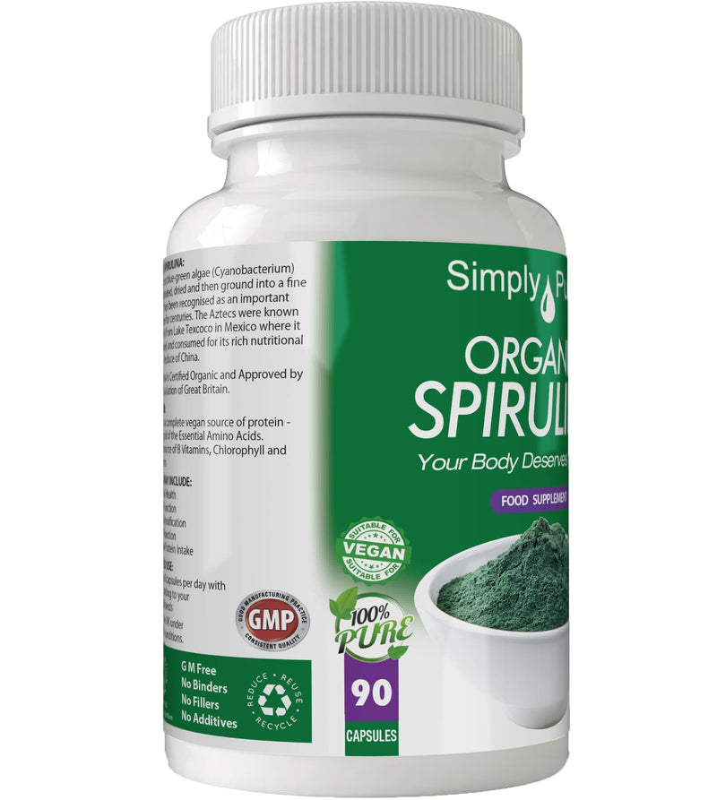Simply Pure Organic Spirulina Capsules x 90, 100% Natural Soil Association Certified, 500mg, Gluten Free, GM Free and Vegan. - BeesActive Australia